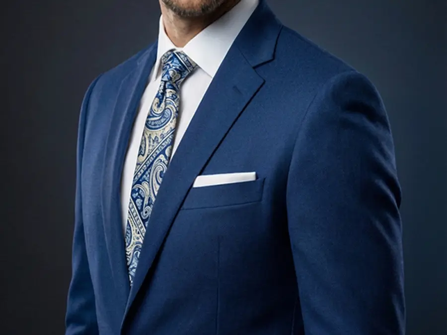Classic blue is a wardrobe staple. Dress it up with a whitea pocket square and have some fun with a patterned tie. Blue business or formal suit