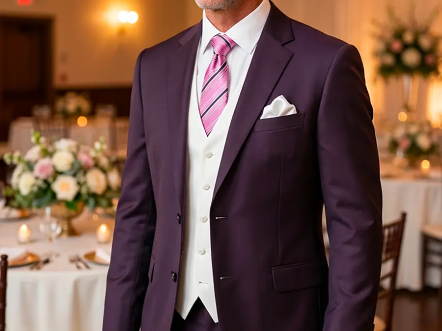 A gorgeous plum coloured suit is styled for this groom with a wedding white vest, decorative pocket square. And a pink pattern tie ties in the wedding theme colour. purple-suit