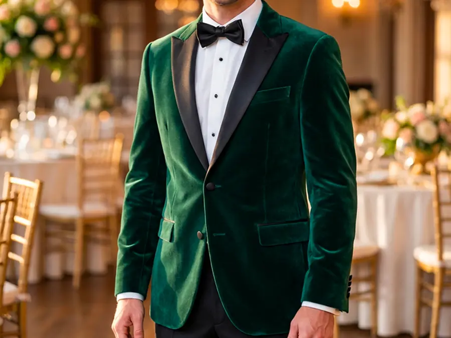 In a beautiful green velvet tuxedo, this groom will look sharp in wedding photos and stand out in the spotlight. tuxedo-green-velvet