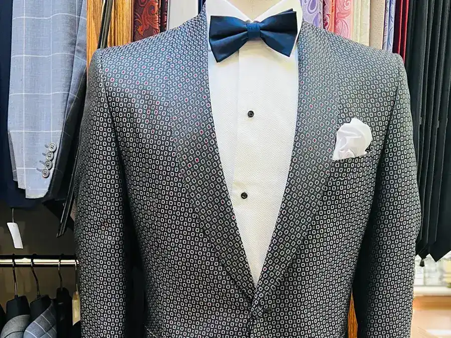 Just one of the many tuxedos to choose from. This patterned tuxedo jacket has matching patterned lapel. White shirt or gray or black, with a bowtie that could match in many colors, this tuxedo is a beautiful look. tuxedo-pattern-shawl-collar